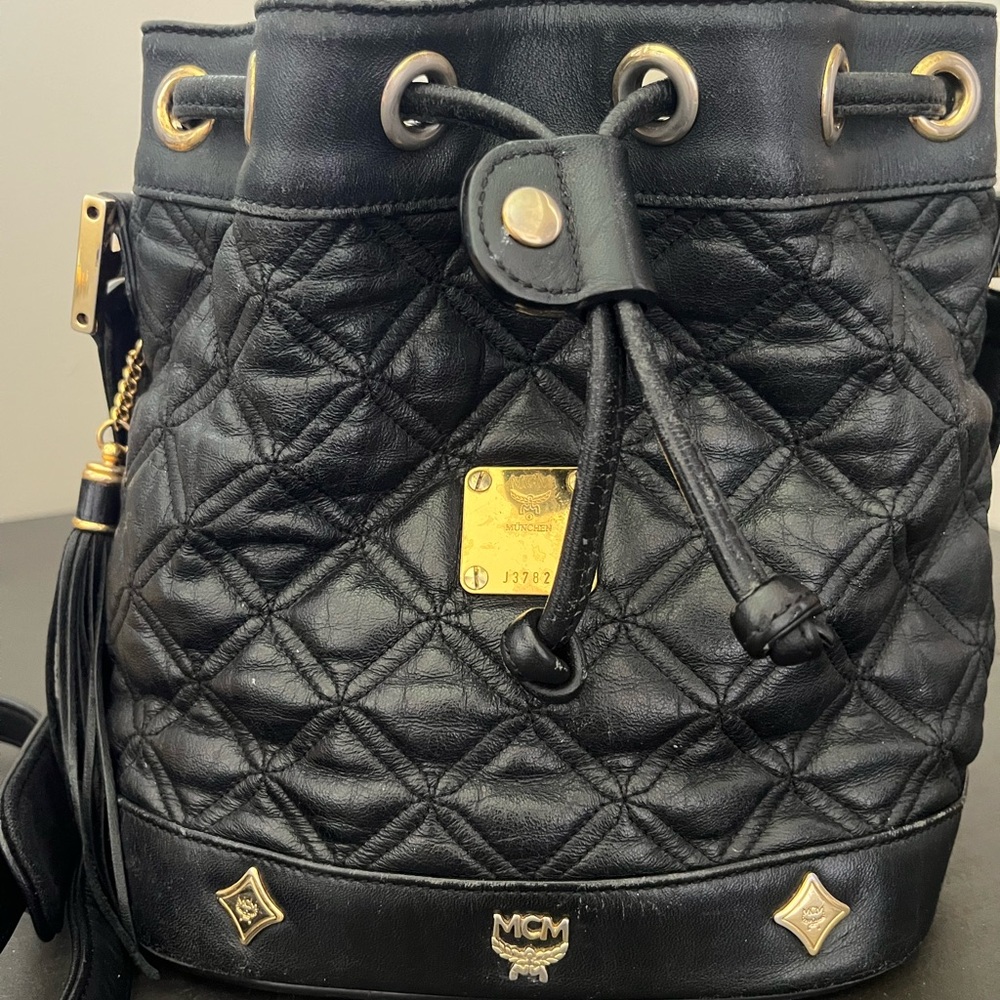 MCM Black and Gold Quilted Bucket Bag